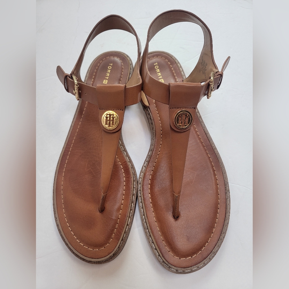 Tommy Hilfiger Brown Leather Sandals with Adjustable Straps Size 10